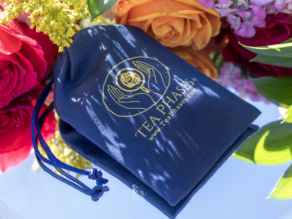 Tea Phases velvet pouch packaging for handcrafted malachite pendant