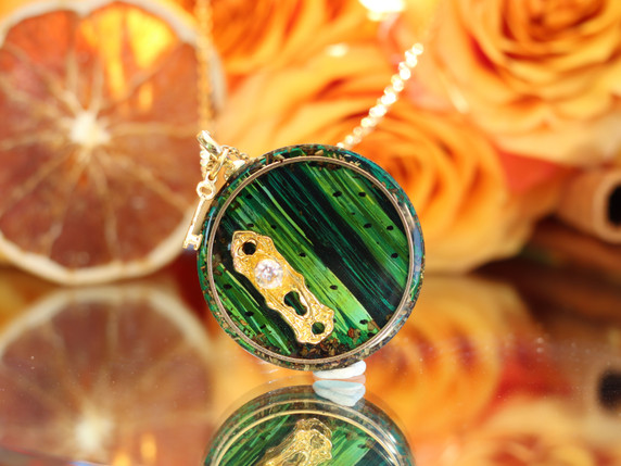 Green Gnome Door pendant handmade with painted pine wood, green tea, gold keyhole hardware and removable key charm.