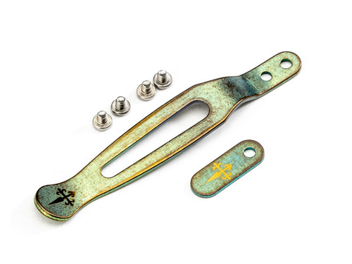 Hinderer Knives/Classy Raptor Tactical - Green/Gold Guardian Defense - St. James Cross Clip/Tab Set