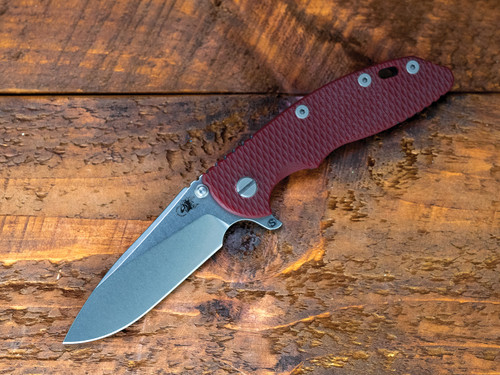 XM-18 3.5" Skinny Slicer-Flat Ground-Magnacut-Stonewash Blade Textured Lockside Battle Purple-Red G10-Working Finish Scale Side Hardware-Scale Side