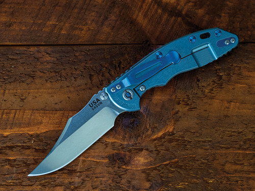XM-18 3.5" Non-Flipper Bowie-S45VN-Stonewash Light Blue-Grey G10-Blue Ti Hardware-Left Handed