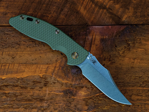 XM-18 3.5" Non-Flipper Bowie-S45VN-Stonewash Blade-Bead Blast Bronze-OD Green G10-Bronze Ti Hardware-Left Handed