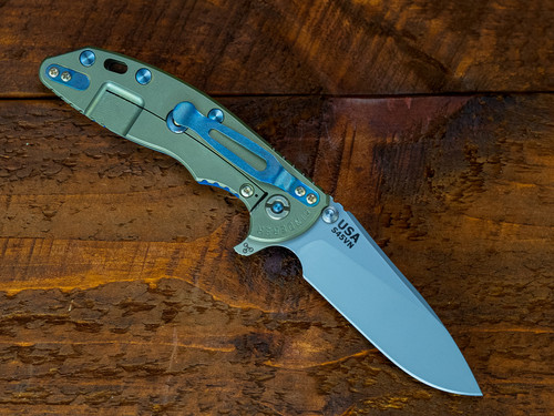 XM-18 3.5- Slicer Hollow Ground-S45VN-Bead Blast Green-Blue G10-Blue Ti Hardware