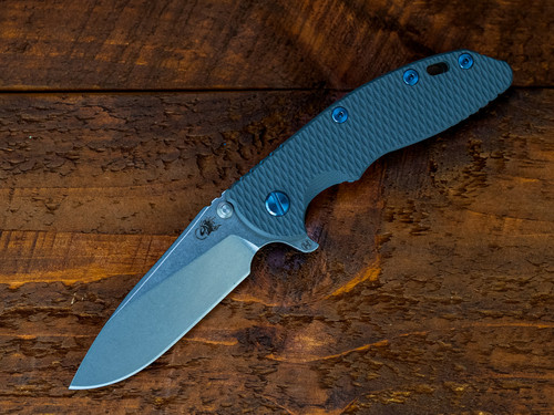 XM-18 3.5- Slicer Hollow Ground-S45VN-Stonewash Blade=Bead Blast Blue/Green-Grey G10-Blue Ti Hardware