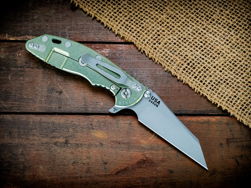 XM-18 3.5" Fatty Wharncliffe-S45VN-Working Finish Blade-Stonewash Gold-Dark Green G10-Working Finish Hardware