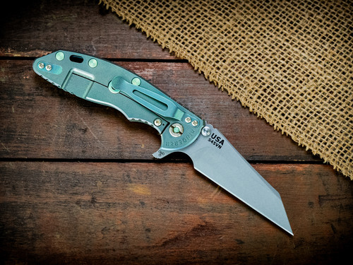 XM-18 3.5" Fatty Wharncliffe-S45VN-Working Finish Blade-Bead Blast Blue/Green-Grey G10-Bead Blast Green Ti Hardware