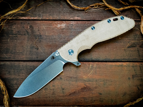 XM-24-S45VN-Slicer-Hollow Ground-Stonewash-Smooth OD Green Micarta-LIght Blue Ti Hardware