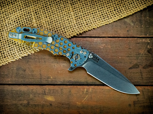 XM-18 3.5" Spearpoint-S45VN-Stonewash Blade-Honeycomb Fade-Blue/Gold-Blue Ti Hardware