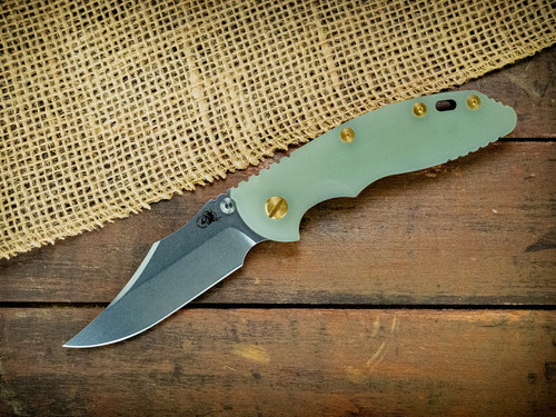 XM-18 3.5"-Non Flipper-Bowie-Stonewash Blue Textured-Smooth Translucent Green G10-Brass Hardware