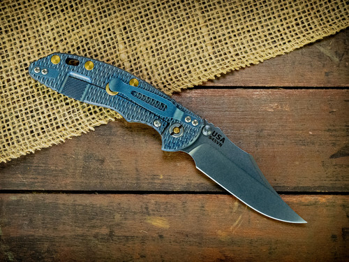 Assembly Special-XM-18 3.5"-Non Flipper-Bowie-Stonewash Blue Textured-Smooth Translucent Green G10-Brass Hardware-Lockside