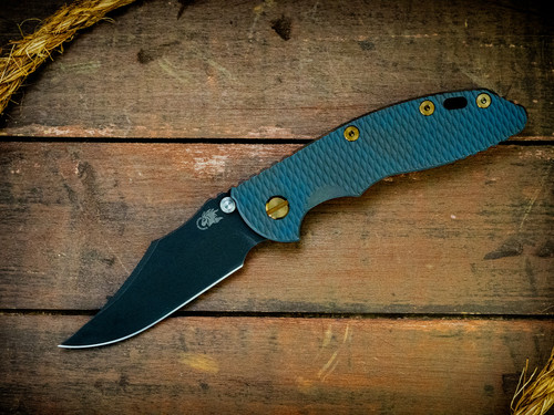 Assembly Special-XM-18 3.5"-Non Flipper-Bowie-Battle Black Blade-Full Textured Titanium Working Finish Blue-Bronze Titanium Hardware-Scale Side