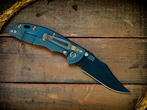 XM-18 3.5"-Non Flipper-Bowie-Battle Black Blade-Full Textured Ti Working Finish Blue-Bronze Ti Hardware