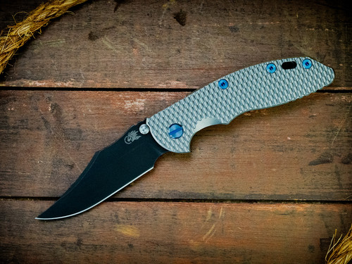 Assembly Special-XM-18 3.5"-Non Flipper-Bowie-Battle Black Blade-Full Textured Stonewash Titanium-Blue Titanium Hardware-Scale Side