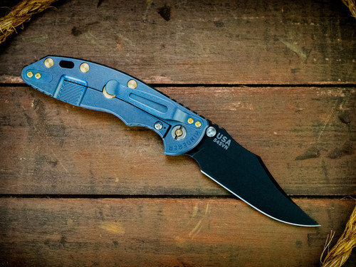 Assembly Special-XM-18 3.5"-Non Flipper-Bowie-Battle Black Blade-Stonewash Blue-Translucent Green G10-Brass Hardware-Lockside