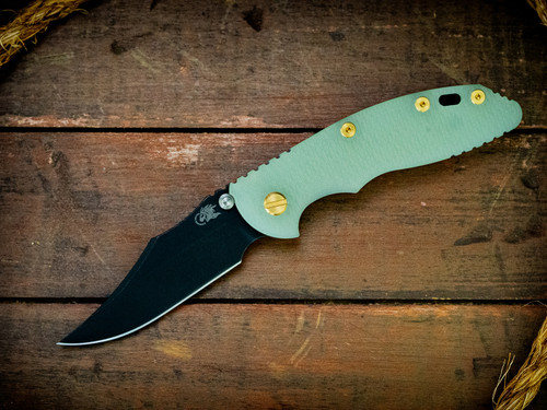 XM-18 3.5"-Non Flipper-Bowie-Battle Black Blade-Stonewash Blue-Translucent Green G10-Brass Hardware