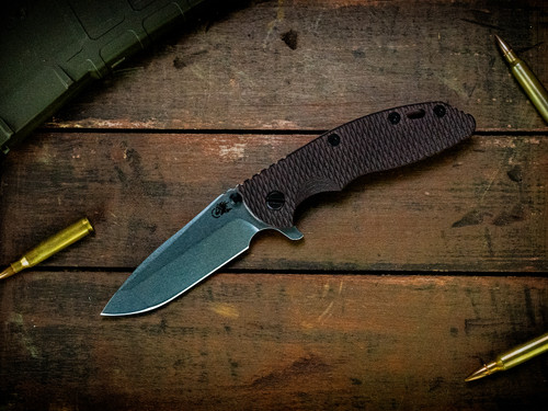 Assembly Special-XM-18 3.5" Spanto-S45VN-Stonewash Blade-Battle Black-Textured Burgundy Micarta-Black Nitride Hardware/Red Aluminum Standoffs-Scale Side