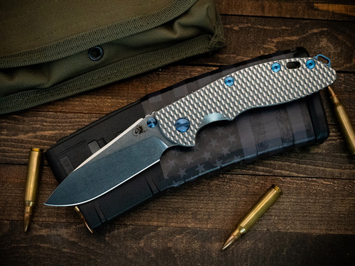 XM-18 3.5"-20CV-Non Flipper-Slicer Hollow Ground-Full Textured Titanium Stonewash-Stonewash Blue Titanium Hardware-Holey Clip-Lanyard HMBS-Titanium TS-Scale Side
