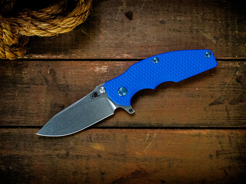 Assembly Special-Jurassic-Slicer Hollow Ground-Magnacut-Stonewash Rose Gold-Blue G10-Blue Titanium Hardware-Scale Side