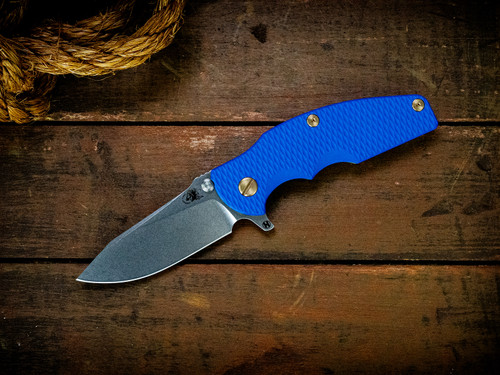Assembly Special-Jurassic-Slicer Hollow Ground-Magnacut-Stonewash Blade-Acid Green-Blue G10-Brass Hardware-Scale Side