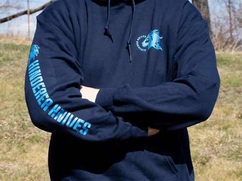 Hinderer Hoodie Navy Blue with Blue Text - On Model