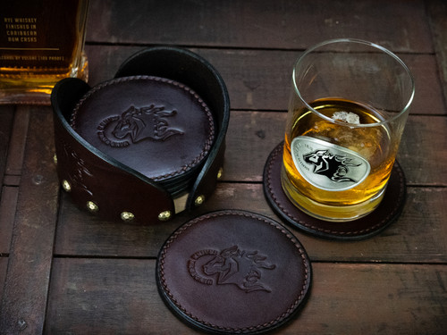 CAT-Rick Hinderer Knives Leather Coasters Set of 6 - With holder