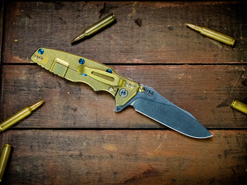 Assembly Special-Eklipse 3.5" Skinny Slicer-Hollow Ground-Magnacut-Stonewash Gold-Blue G10-Blue Titanium Hardware-Titanium Thumbstud-Lockside