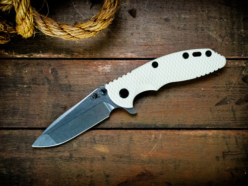 Assembly Special-XM-18 3.5" Spanto-20CV-Stonewash Purple-White G10-Black Nitride/Purple Aluminum Standoffs-Scale Side