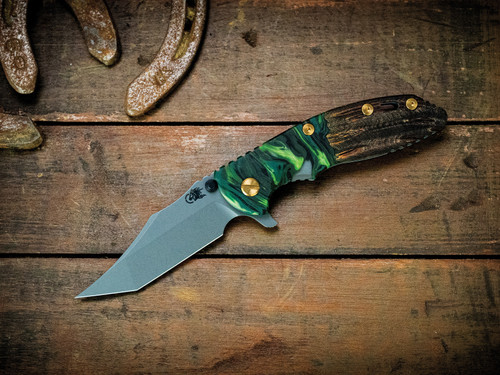 Assembly Special-XM-18 3.5" Aggressor-Magnacut-Working Finish Blue/Green-Wood/Hybrid-Green/Gold-Brass Hardware-Scale Side