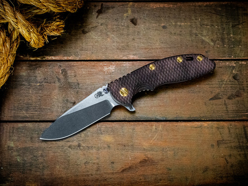 Assembly Special-XM-18 3.5"-20CV-Slicer-Hollow Ground-Stonewash Two Tone-Stonewash Purple-Textured Burgundy Micarta-Brass Hardware-Scale Side