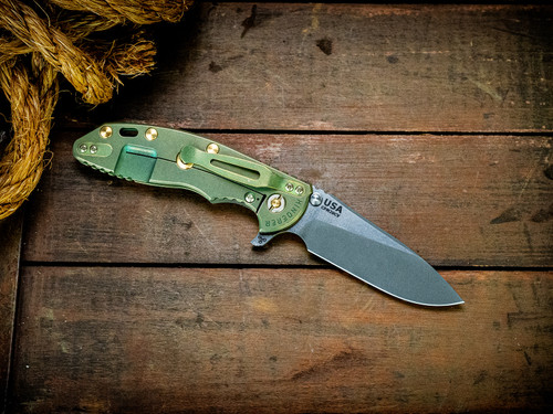 XM-18 3.5"-20CV-Slicer-Hollow Ground-Two Tone Blade-Special Battle Finish-Translucent Green G10-Brass hardware/Aluminum Standoffs