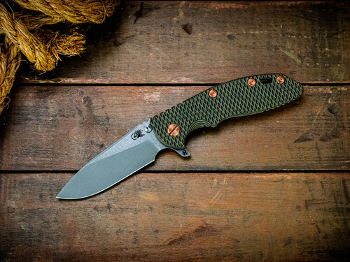 Assembly Special-XM-18 3.5"-20CV-Slicer-Hollow Ground-Two Tone Blade-Battle Green-Green/Black G10-Copper Hardware-Scale Side