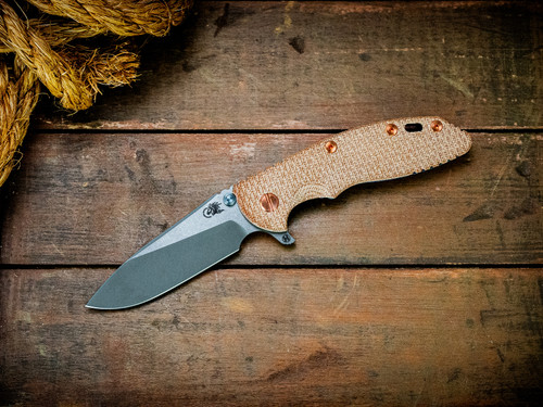 Assembly Special-XM-18 3.5"-20CV-Slicer-Hollow Ground-Two Tone Blade-Battle Blue-Textured Natural Micarta-Copper Hardware/Titanium Standoffs/Thumbstud-Scale Side
