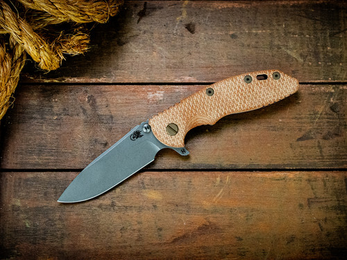 XM-18 3.5"-20CV-Slicer-Hollow Ground-Special Battle Finish-Textured Natural Micarta-Battle Bronze Ti Hardware