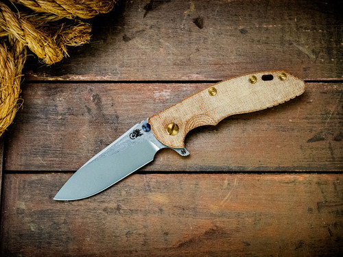 Assembly Special-XM-18 3.5"-20CV-Slicer-Hollow Ground-Two Tone Blade-Bead Blast Purple-Smooth Natural Micarta-Brass Hardware/Titanium Standoffs-Scale Side
