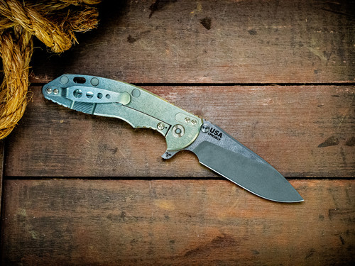 Assembly Special-XM-18 3.5"-20CV-Slicer-Hollow Ground-Working Finish Two Tone Blade-Special Anodized-Smooth OD Green Micarta-Battle Titanium Hardware-Lockside