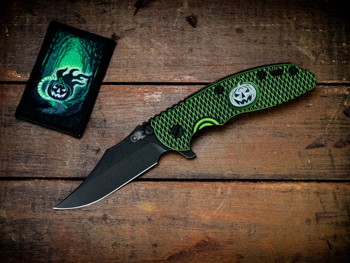 XM-18 3.5" Bowie-Magnacut-Headless Horseman Battle Black-Lime Green/Black G10 - With Patch-Scale Side