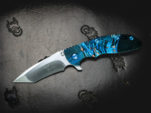 Rick Hinderer Custom - AUCTION - XM-18 3.5 - Hellfire - Stonewash Blue - Custom Hand Textured Clip, Tab and Backspacer - Wood Resin Scale