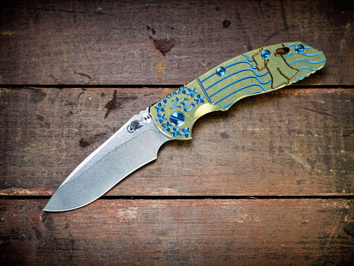 XM-18 3.5" Recurve-Non Flipper-Magnacut-Liberty Bell-Stonewash Gold-Blue Titanium Hardware_Scale Side