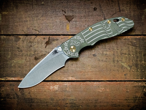 XM-18 3.5" Recurve-Non Flipper-Magnacut-Liberty Bell Battle Green-Brass Hardware_Scale Side