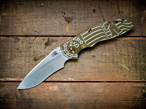 XM-18 3.5" Recurve-Non Flipper-Magnacut-Liberty Bell Stonewash Bronze-Bronze Titanium Hardware/Backspacer_Scale Side