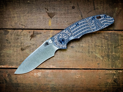 XM-18 3.5" Recurve-Non Flipper-Magnacut-Liberty Bell Textured Stonewash Blue-Blue Titanium Hardware_Scale Side