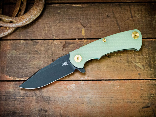 Project X-Clip Point-Magnacut-Battle Black-Stonewash Gold-Translucent Green G10-Brass Hardware-Scale Side