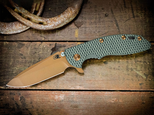 XM-18 3.5"-20CV-Spanto-Oil Rub Bronze Blade-Stonewash Green/Gold-OD Green/Black G10-Titanium Hardware-Scale Side
