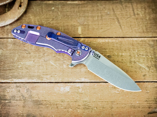 XM-18 3.5"-20CV Spearpoint-Stonewash-Special Purple Finish-Purple G10-Copper/Titanium Thumbstud-Lockside