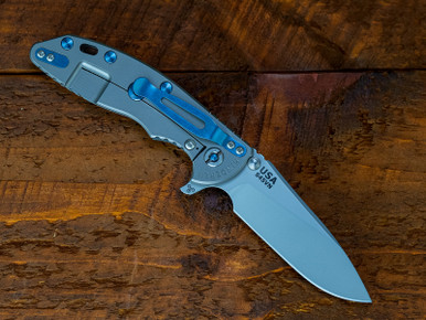 XM-18 3.5- Slicer Hollow Ground-S45VN-Bead Blast-Grey G10-Blue Ti Hardware