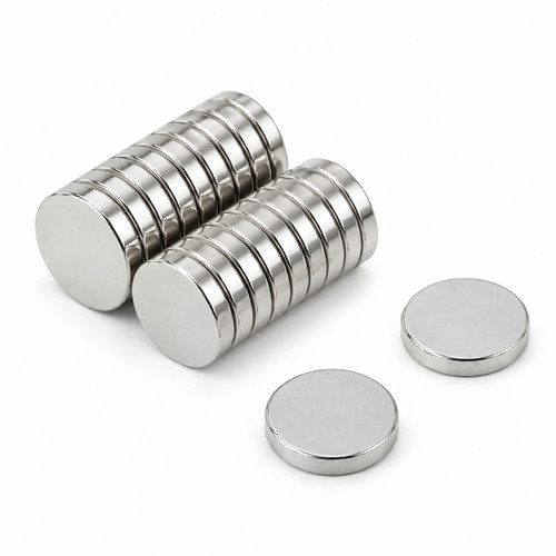 Silver disc magnets arranged in two stacks with two loose magnets, showing their smooth metallic finish