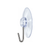 Side view of a clear suction cup with a curved chrome metal hook