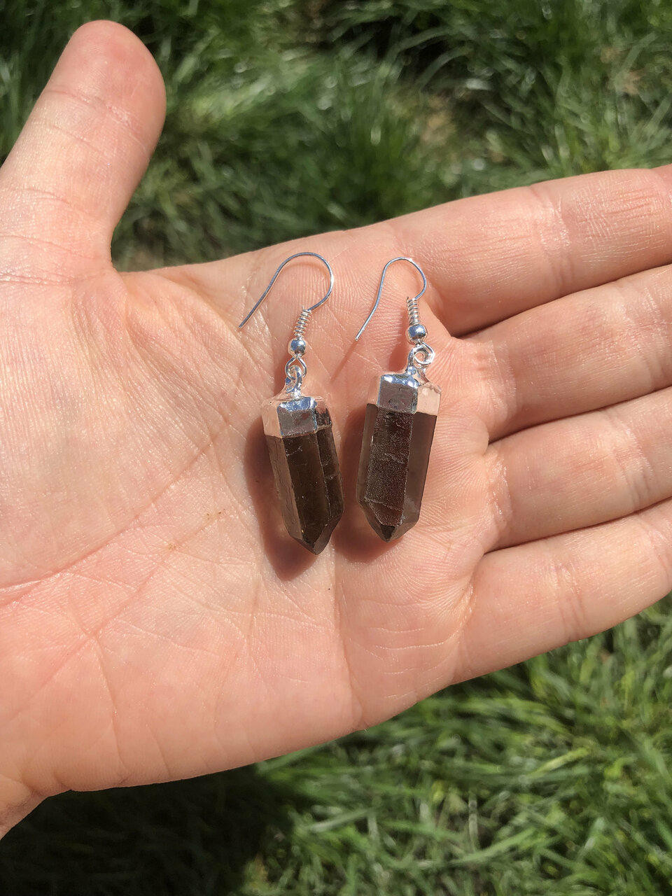 Smoky Quartz Raw Point Earrings in Plated Dangle Setting | New