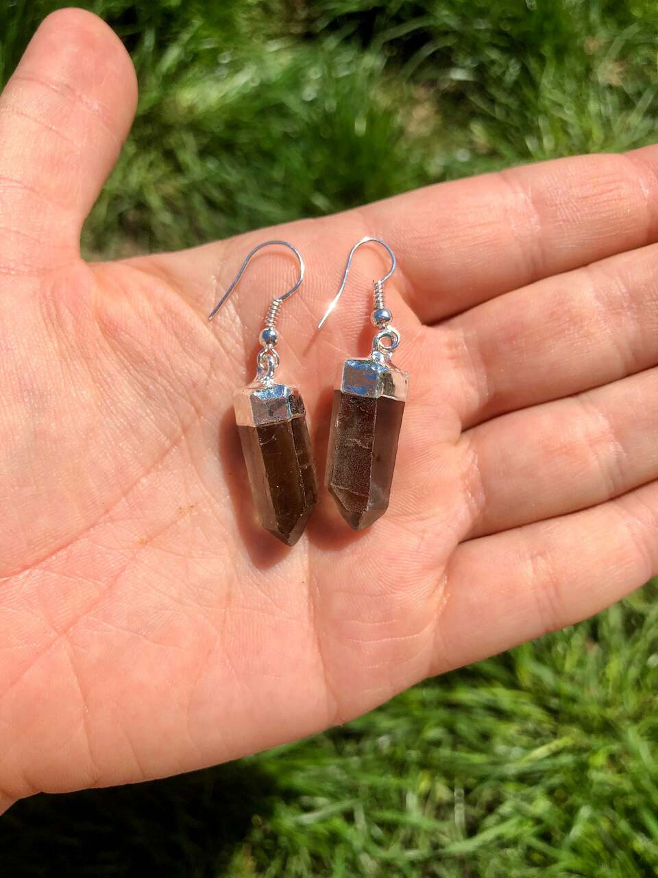 Smoky Quartz Raw Point Earrings in Plated Dangle Setting | New