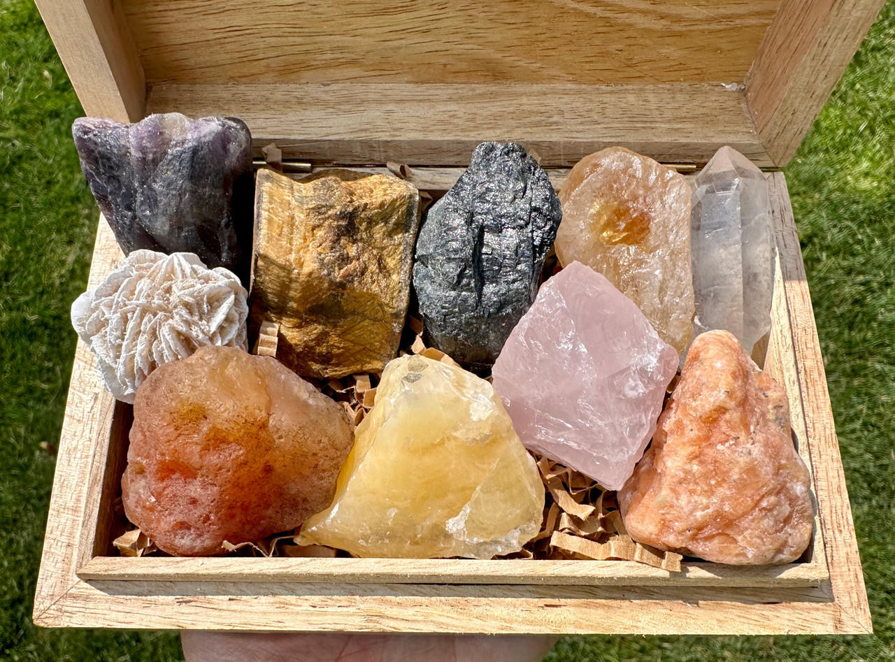 Positive Energy & Confidence Crystal Set with Wooden Box (Raw) - 9